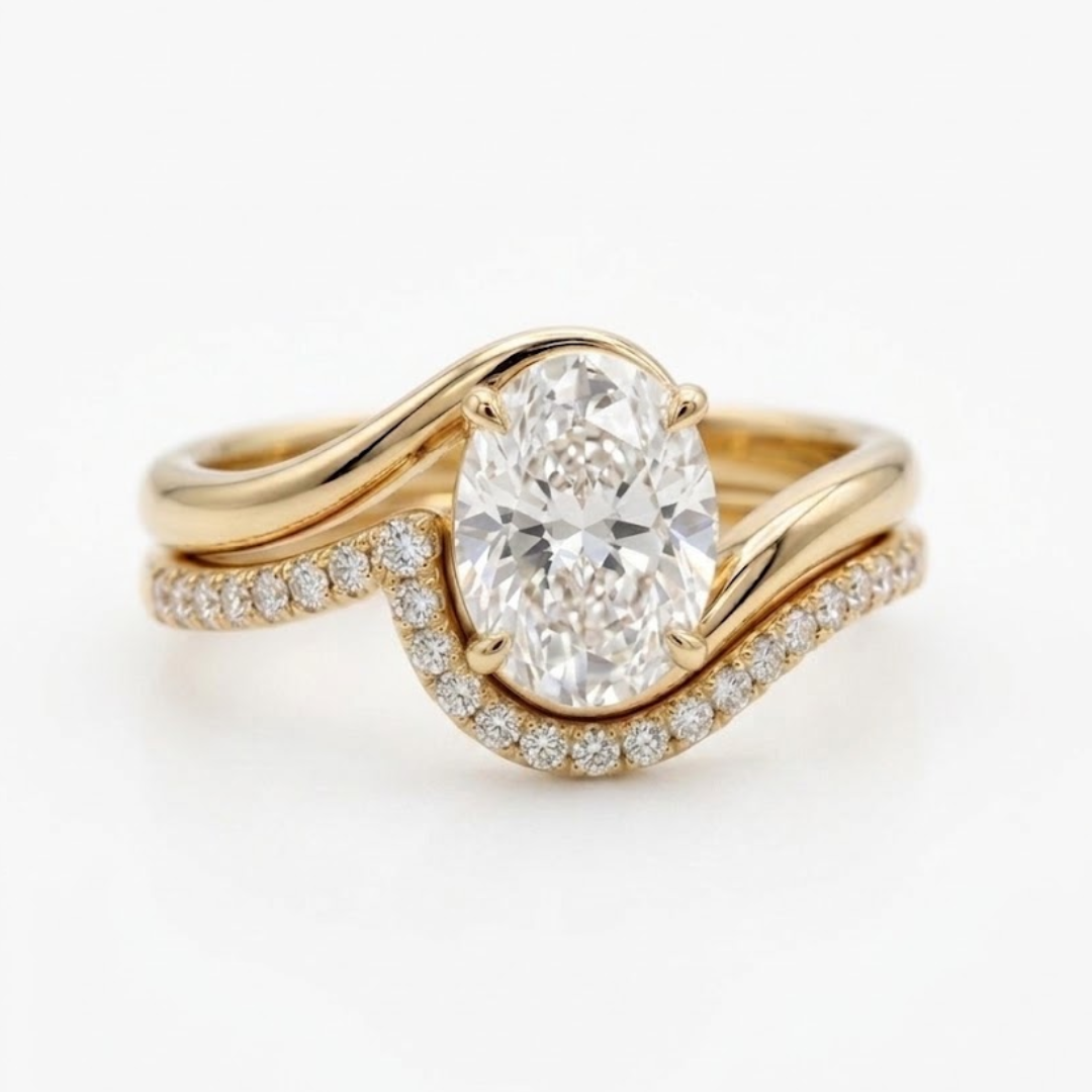 Bague Waves, solitaire ovale et alliance assortie en or 18K, Azor
