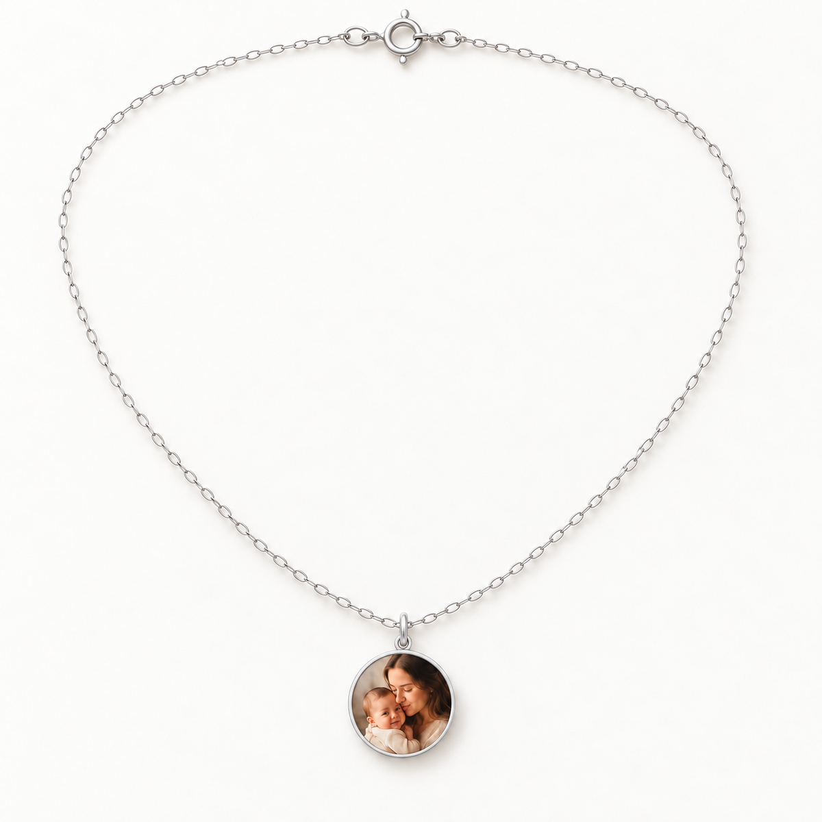 Collier Mémoire en argent naturel avec un médaillon photo de 10 mm — chaîne à maillons fins et médaillons plats