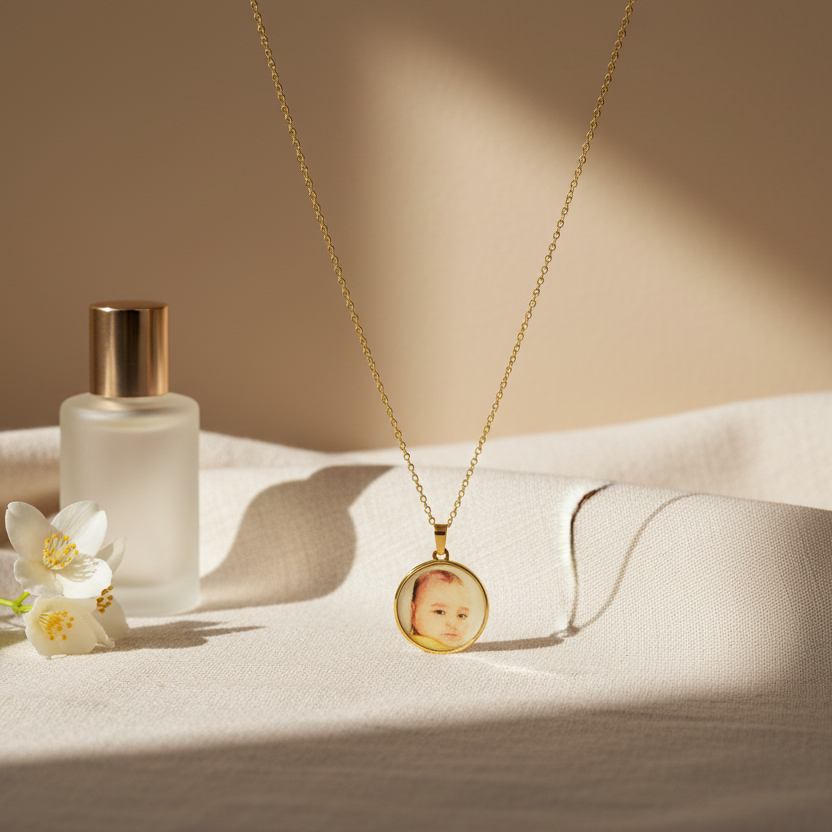 Collier Médaillon Personnalisé Avec Photo Couleur en Or 18K